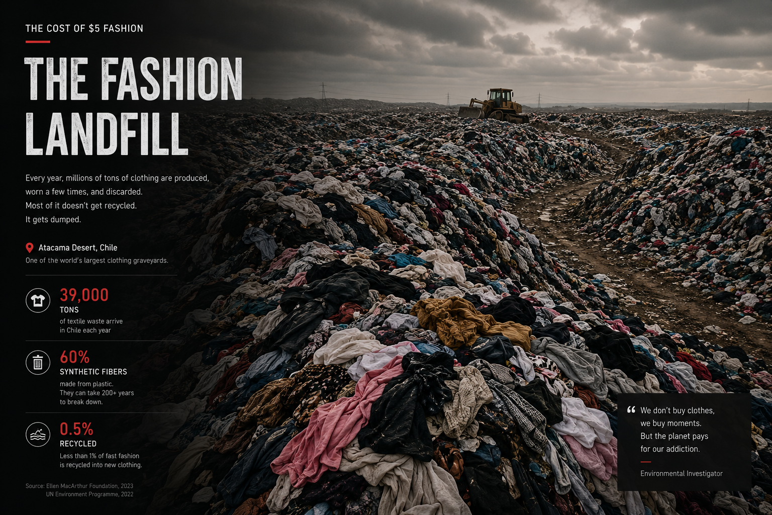 A documentary-style image of discarded clothing in a landfill