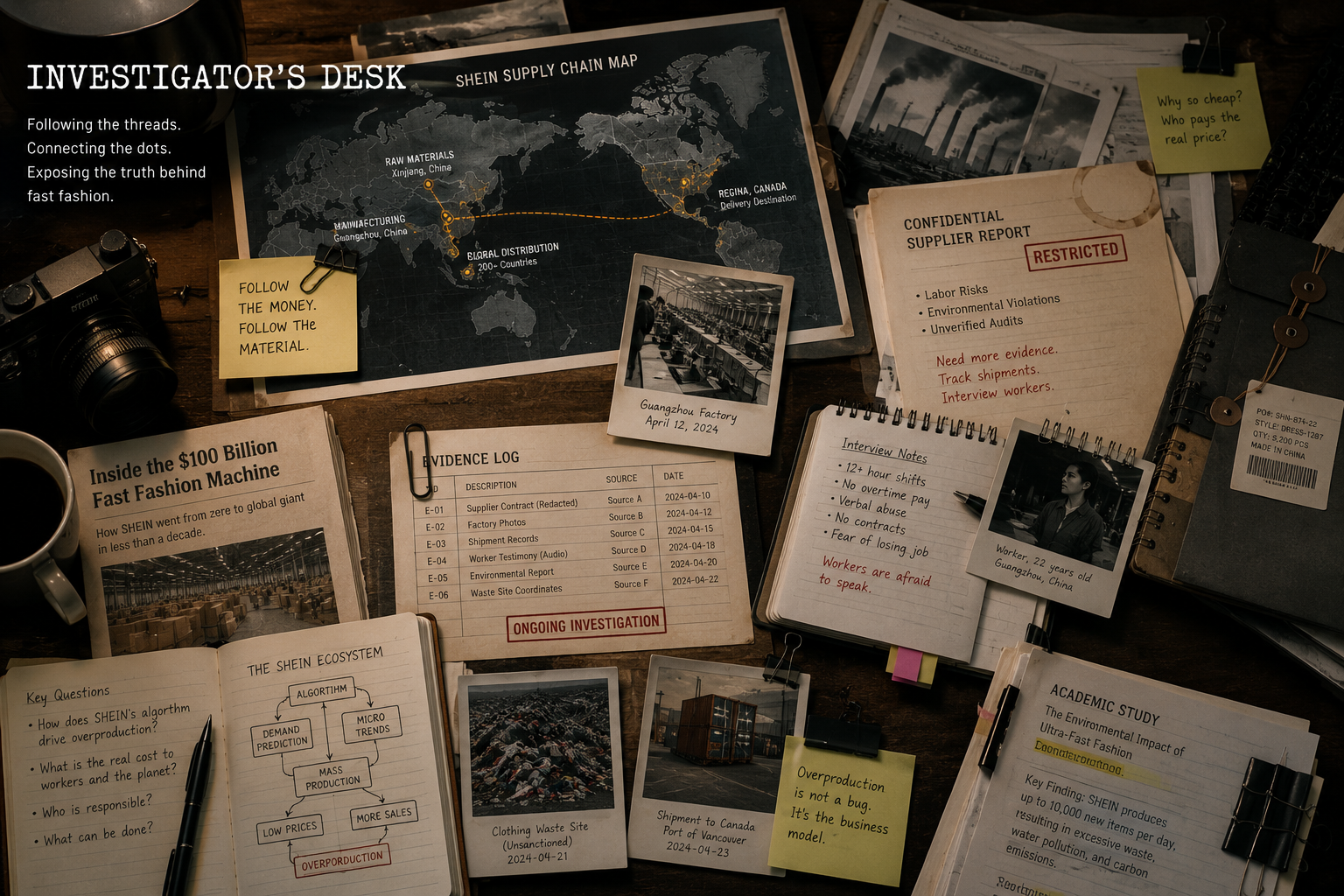 A fictional investigator desk with documents and maps