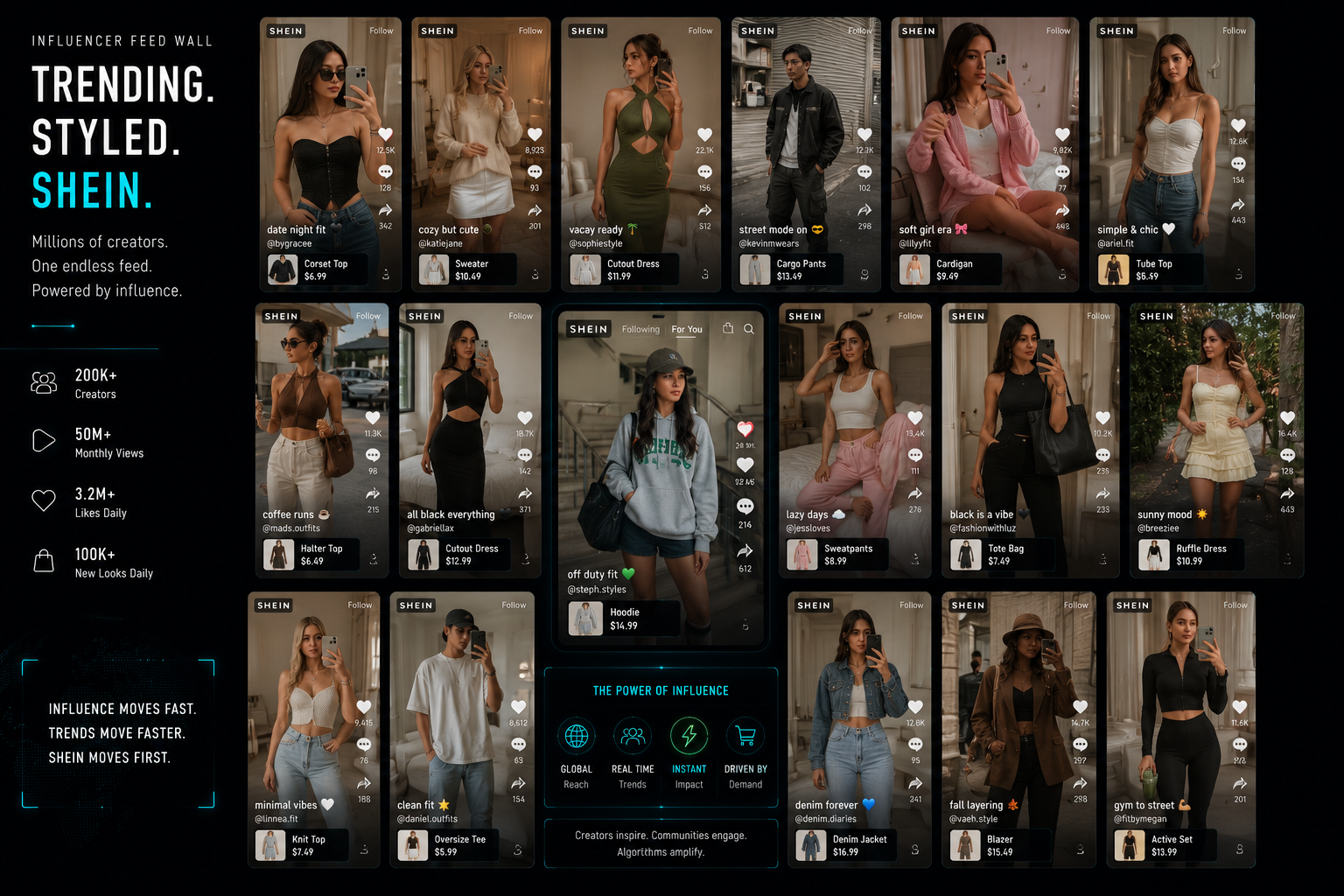 A wall of short-form influencer fashion posts